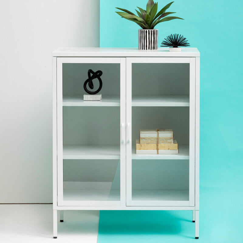 Orsina Acier Two Door White Metal Cabinet | Glass Display Sideboard