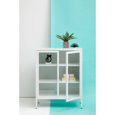 Orsina Acier Two Door White Metal Cabinet | Glass Display Sideboard