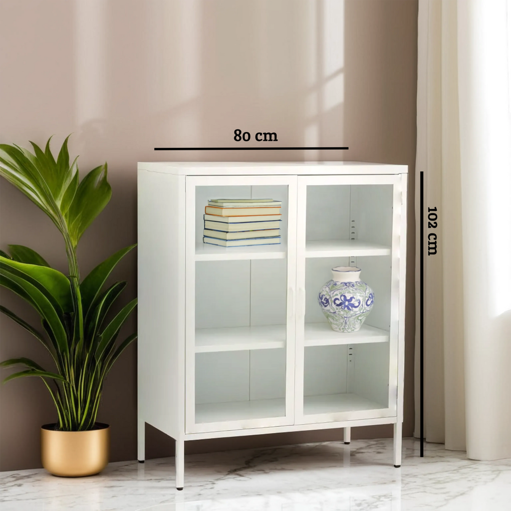 Orsina Acier Two Door White Metal Cabinet | Glass Display Sideboard