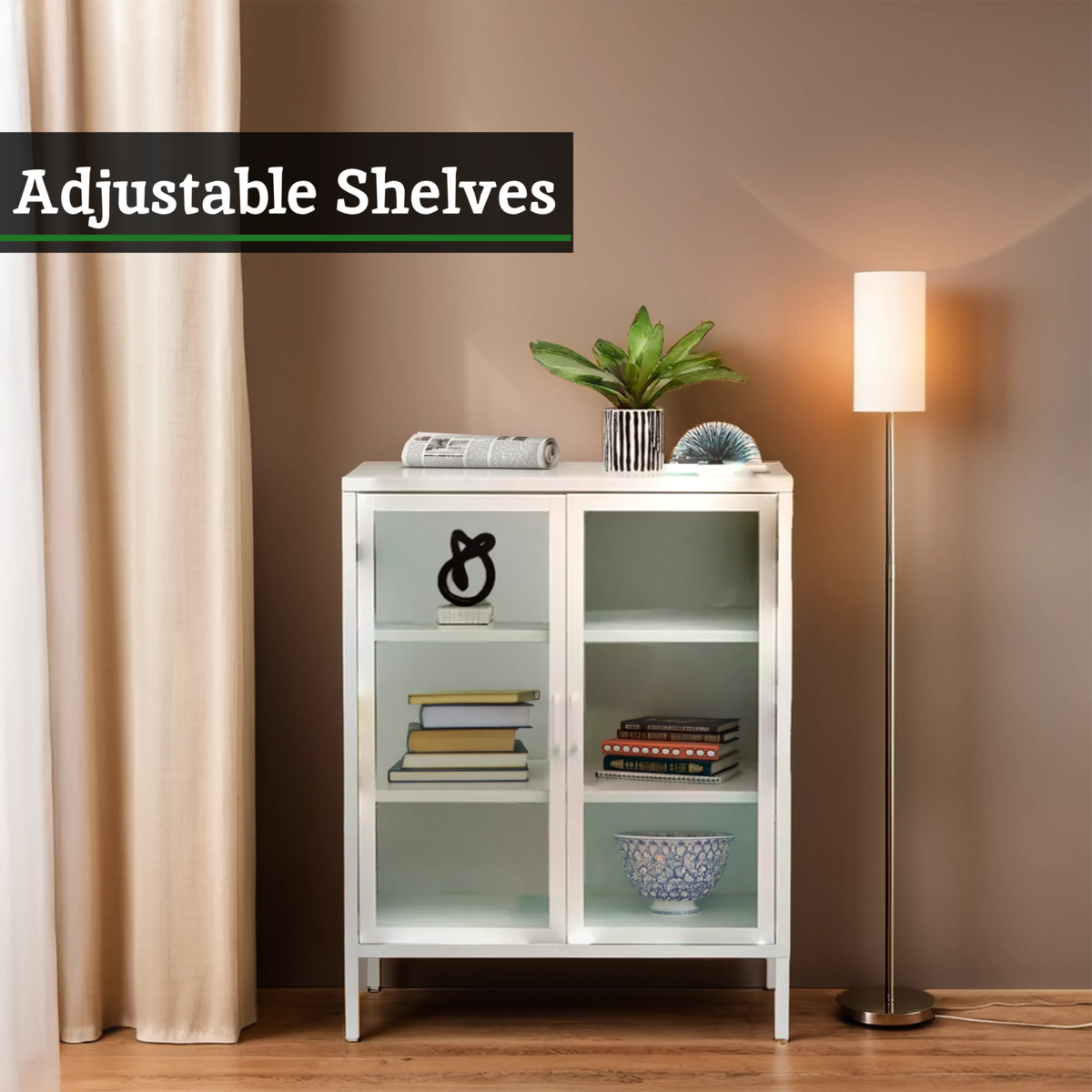 Orsina Acier Two Door White Metal Cabinet | Glass Display Sideboard