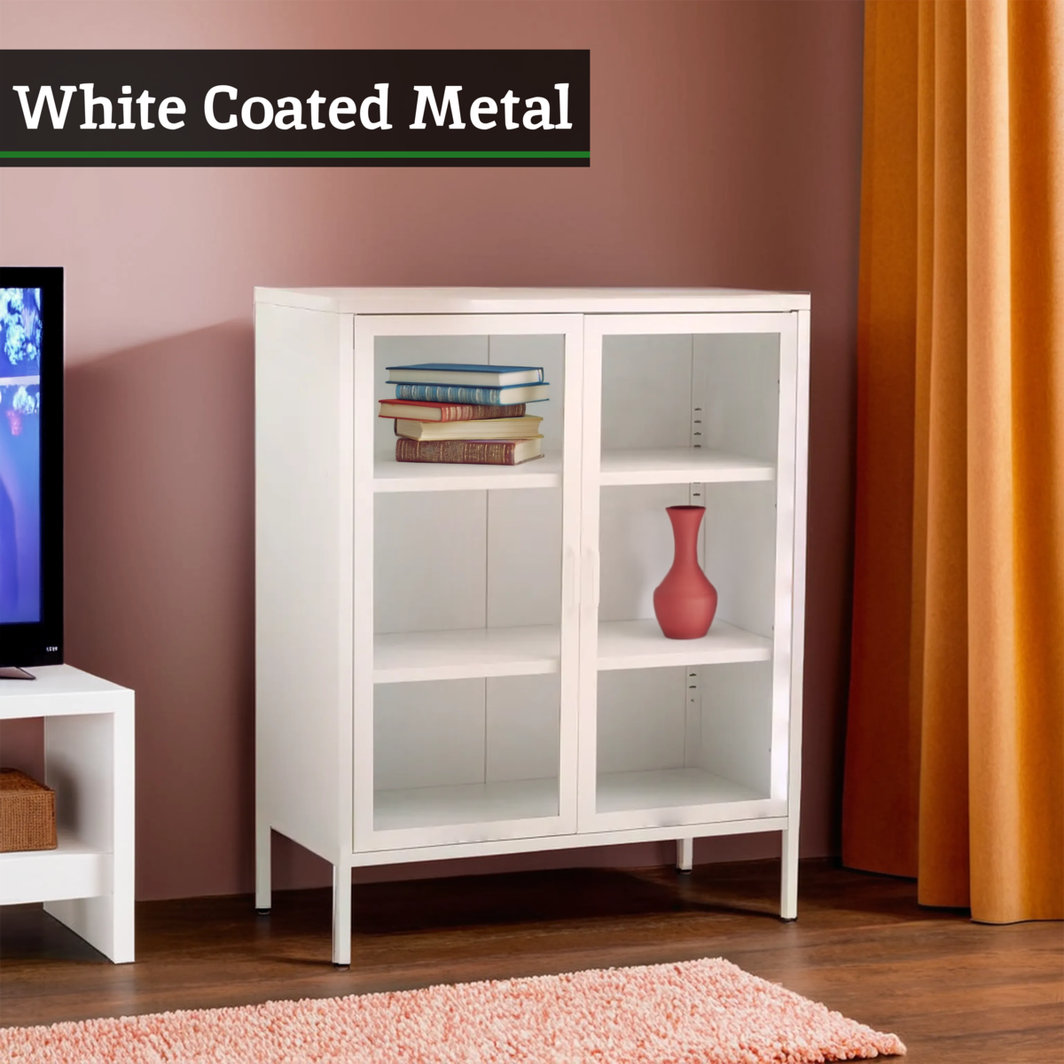 Orsina Acier Two Door White Metal Cabinet | Glass Display Sideboard