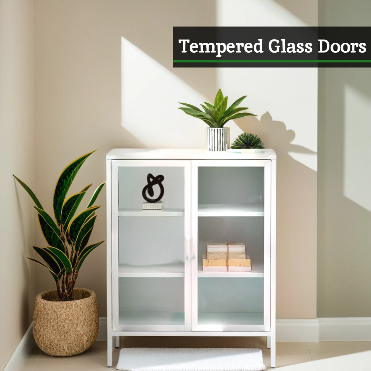 Orsina Acier Two Door White Metal Cabinet | Glass Display Sideboard