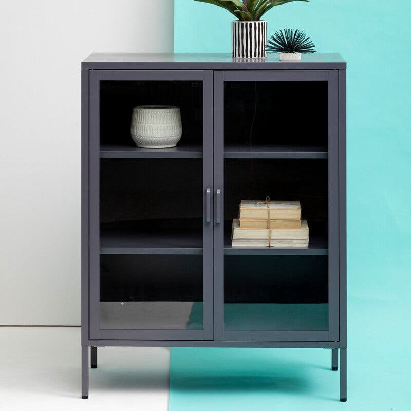 Orsina Acier Two Door Grey Metal Cabinet | Glass Display Storage