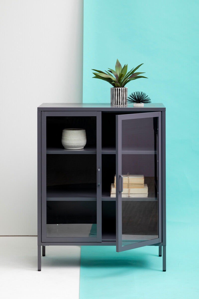 Orsina Acier Two Door Grey Metal Cabinet | Glass Display Storage