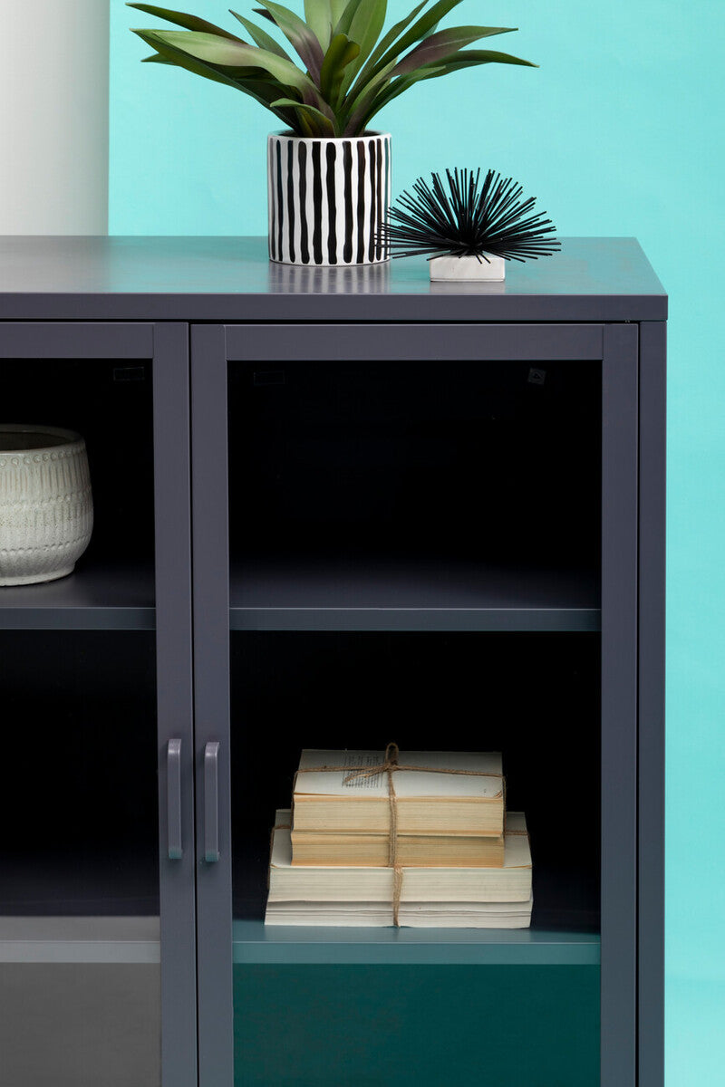 Orsina Acier Two Door Grey Metal Cabinet | Glass Display Storage