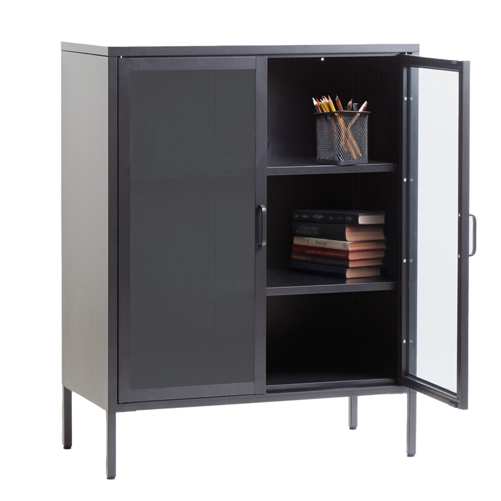 Orsina Acier Two Door Grey Metal Cabinet | Glass Display Storage