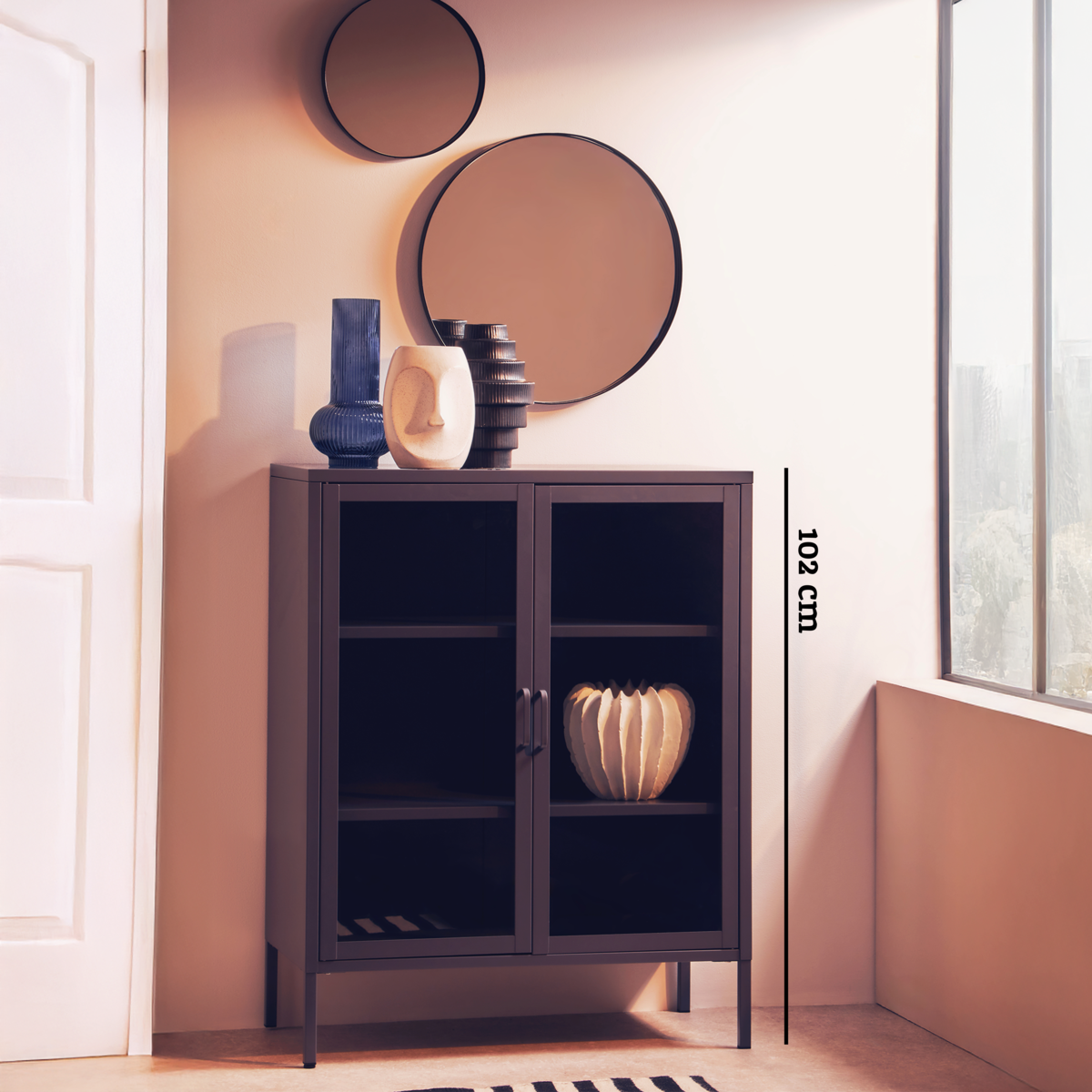 Orsina Acier Two Door Grey Metal Cabinet | Glass Display Storage