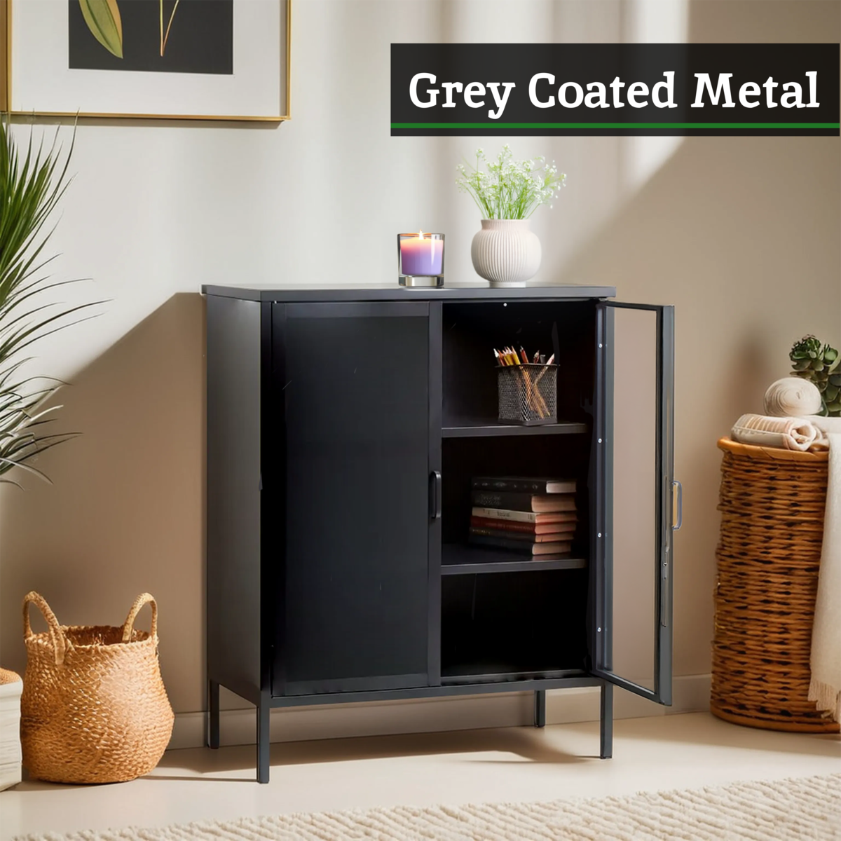 Orsina Acier Two Door Grey Metal Cabinet | Glass Display Storage