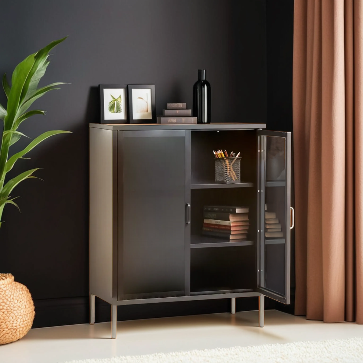 Orsina Acier Two Door Grey Metal Cabinet | Glass Display Storage