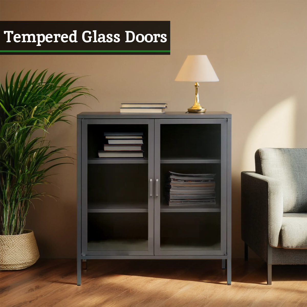 Orsina Acier Two Door Grey Metal Cabinet | Glass Display Storage