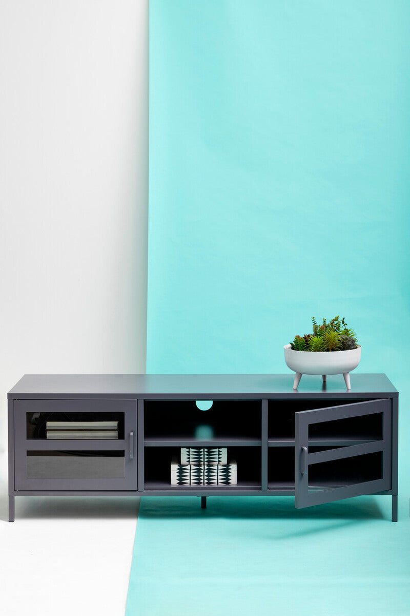 Orsina Acier Grey Metal Media Unit | Two-Door Industrial TV Stand