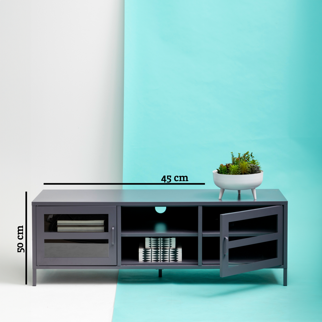 Orsina Acier Grey Metal Media Unit | Two-Door Industrial TV Stand