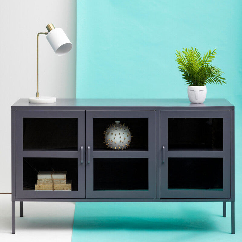 Orsina Acier Three Door Grey Metal Sideboard with Glass Doors