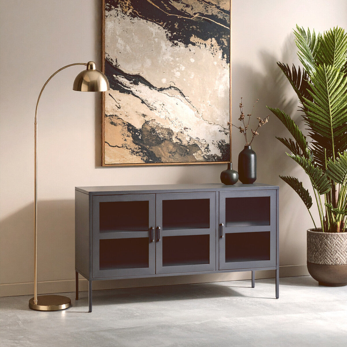 Orsina Acier Three Door Grey Metal Sideboard with Glass Doors