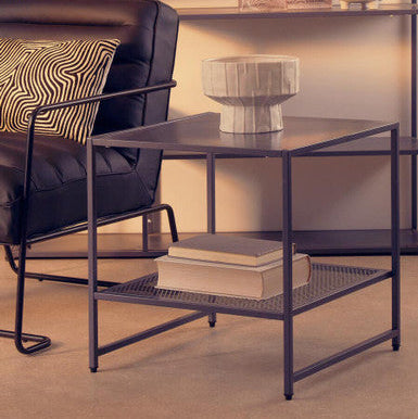 Orsina Acero Grey Metal Square Side Table with Mesh Shelf