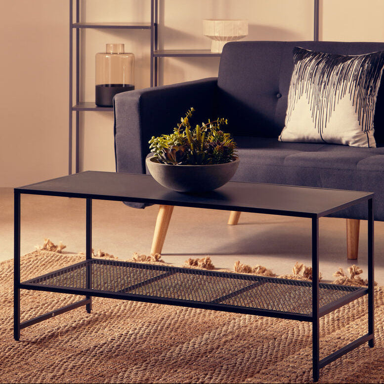 Orsina Acero Black Metal Coffee Table – Modern Steel with Mesh Shelf