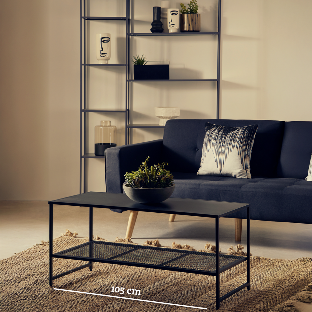 Orsina Acero Black Metal Coffee Table – Modern Steel with Mesh Shelf