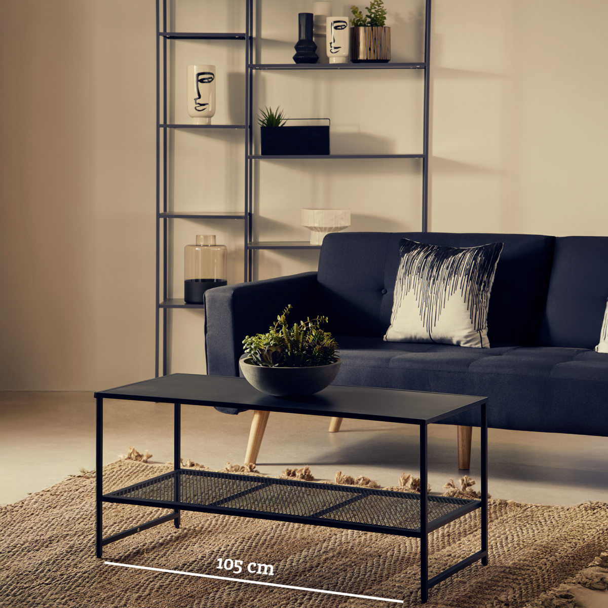 Orsina Acero Black Metal Coffee Table – Modern Steel with Mesh Shelf