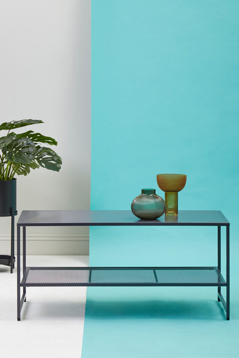 Orsina Acero Grey Metal Coffee Table with Lower Mesh Storage Shelf