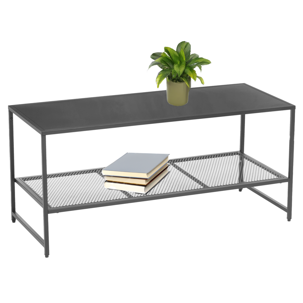 Orsina Acero Grey Metal Coffee Table with Lower Mesh Storage Shelf