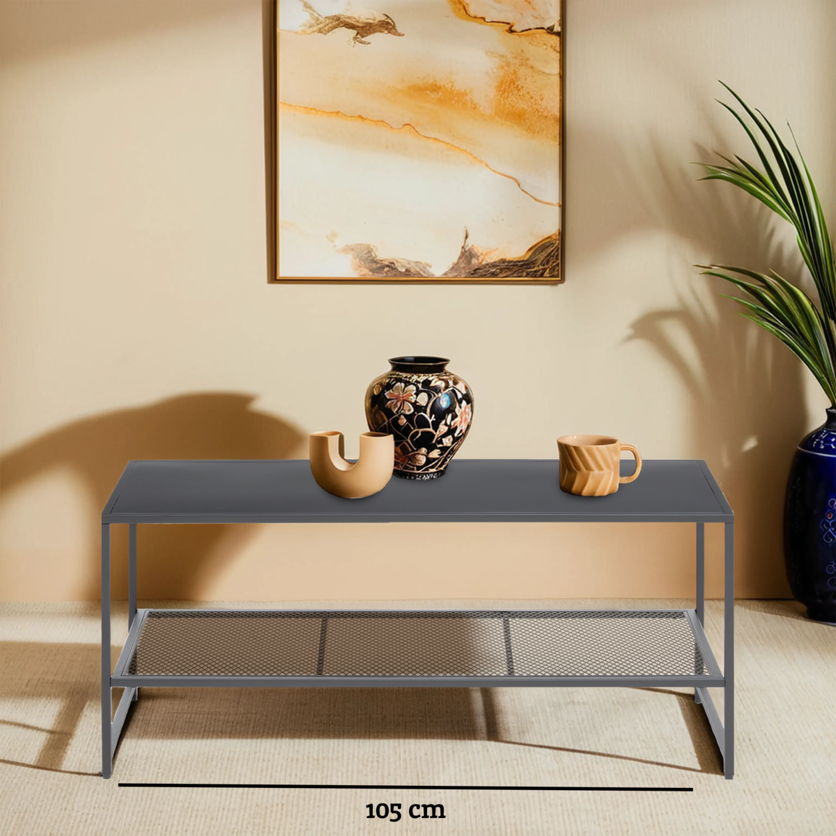 Orsina Acero Grey Metal Coffee Table with Lower Mesh Storage Shelf