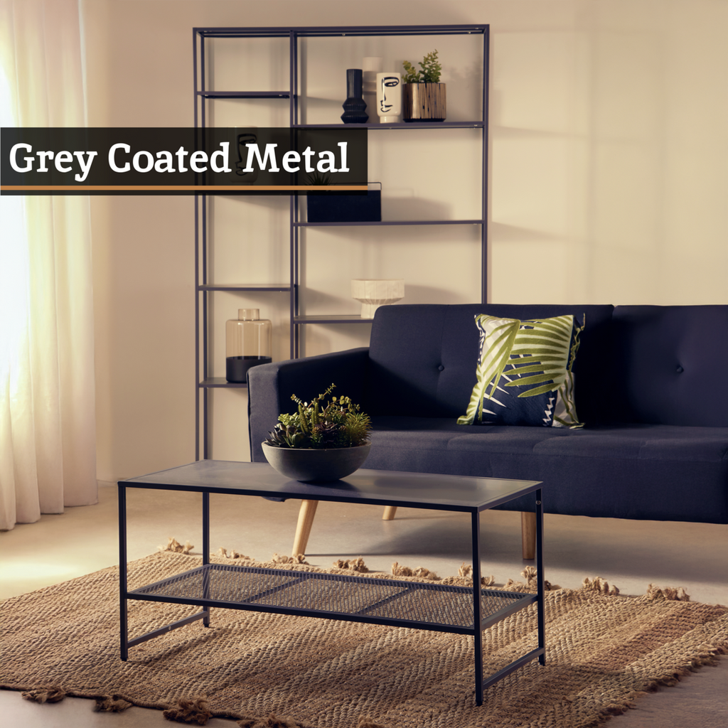 Orsina Acero Grey Metal Coffee Table with Lower Mesh Storage Shelf