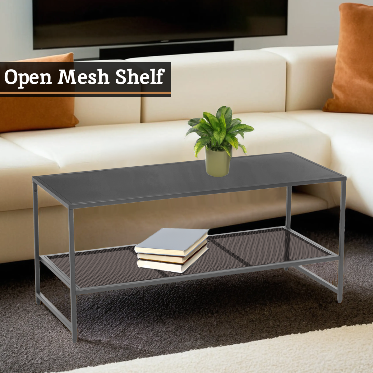 Orsina Acero Grey Metal Coffee Table with Lower Mesh Storage Shelf