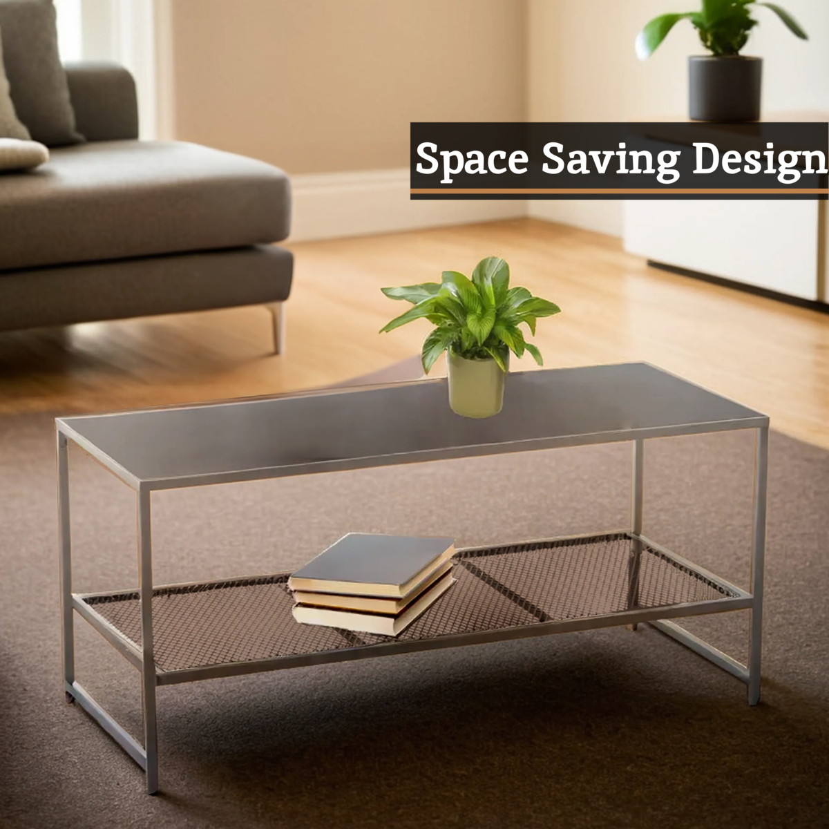 Orsina Acero Grey Metal Coffee Table with Lower Mesh Storage Shelf