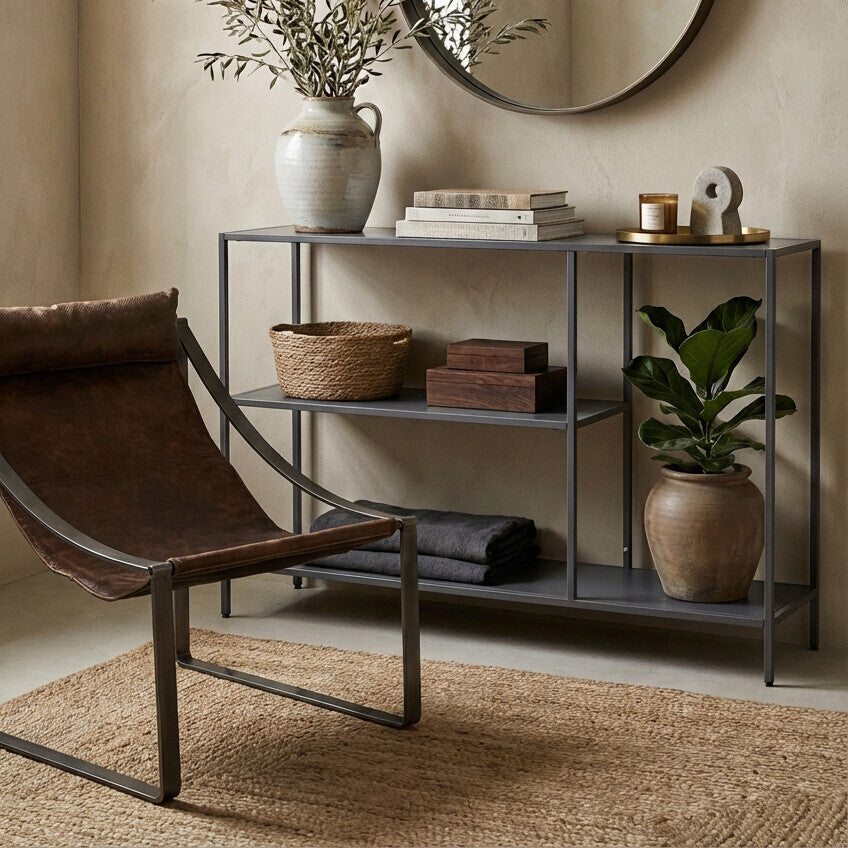 Orsina Acero Grey Metal Console Table | Two-Tier Open Shelf Storage