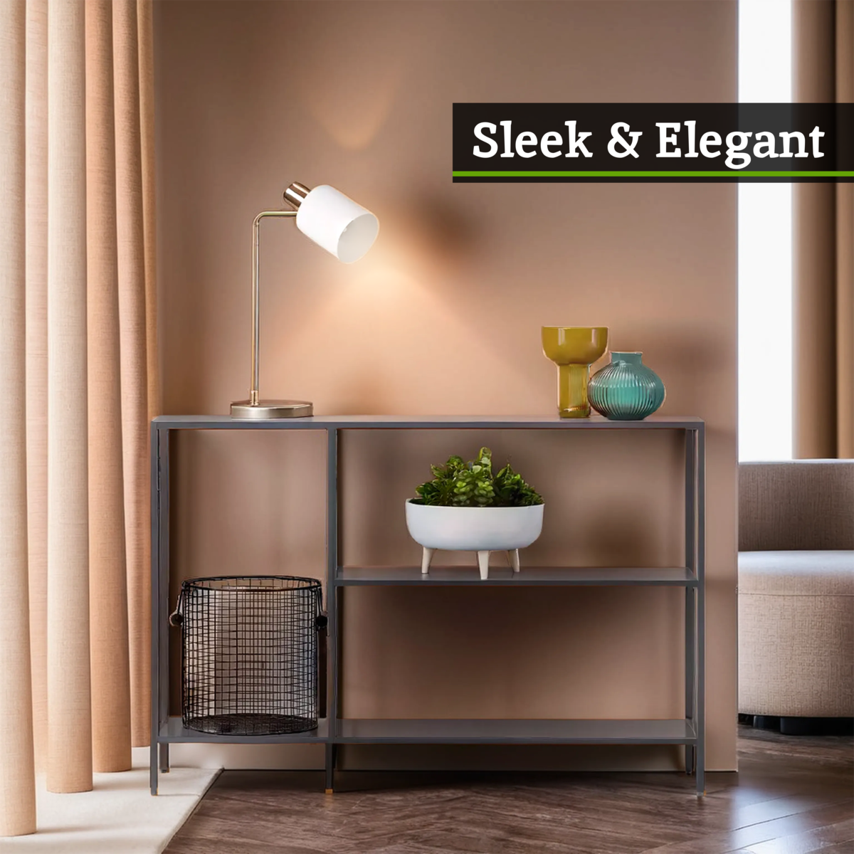 Orsina Acero Grey Metal Console Table | Two-Tier Open Shelf Storage