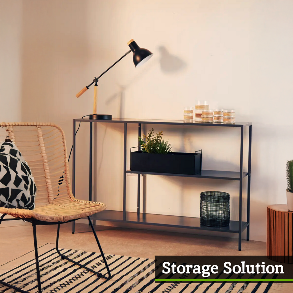 Orsina Acero Grey Metal Console Table | Two-Tier Open Shelf Storage
