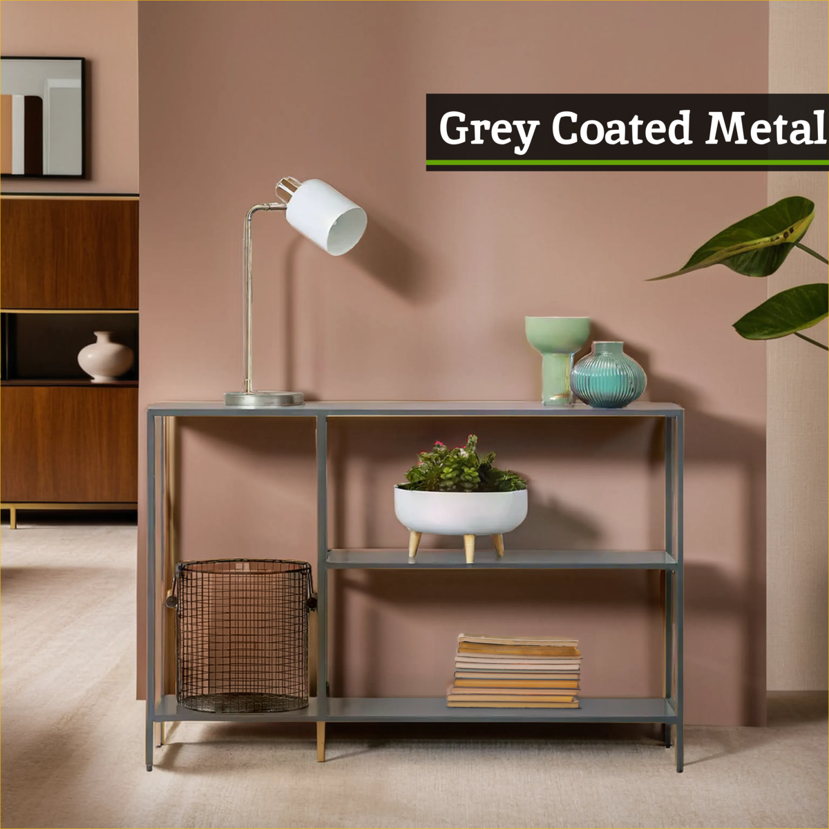 Orsina Acero Grey Metal Console Table | Two-Tier Open Shelf Storage
