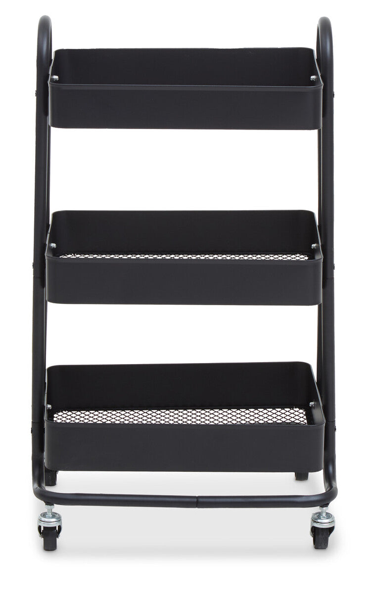 Orsina Acero Three Tier Black Metal Trolley | Industrial Rolling Cart