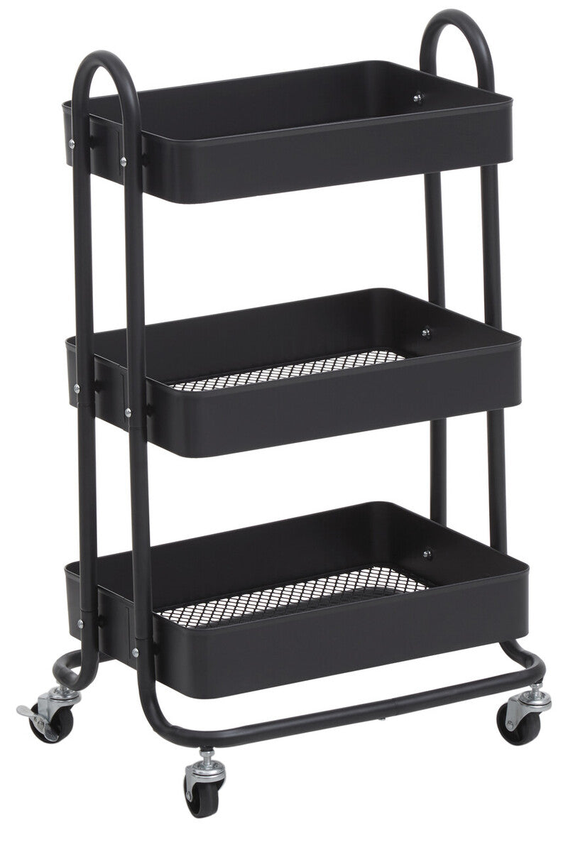 Orsina Acero Three Tier Black Metal Trolley | Industrial Rolling Cart