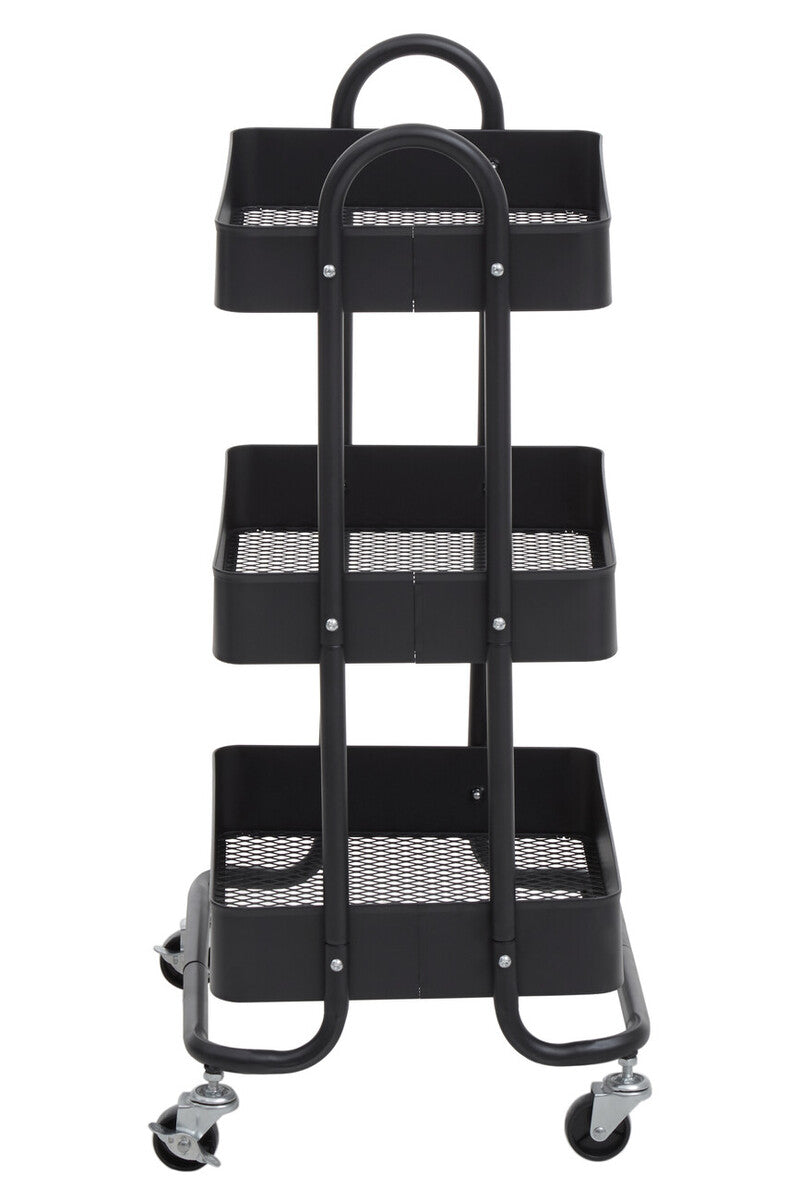 Orsina Acero Three Tier Black Metal Trolley | Industrial Rolling Cart