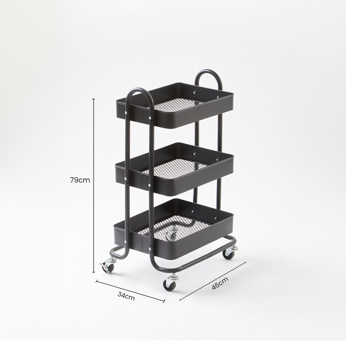 Orsina Acero Three Tier Black Metal Trolley | Industrial Rolling Cart
