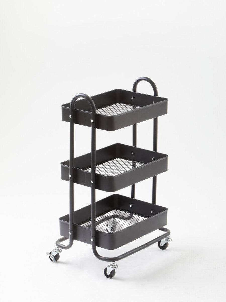 Orsina Acero Three Tier Black Metal Trolley | Industrial Rolling Cart