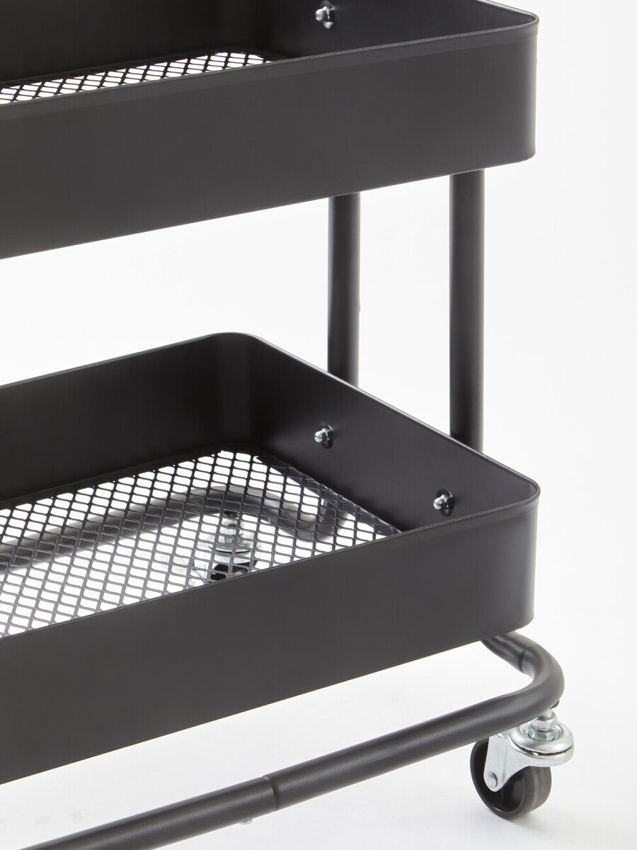 Orsina Acero Three Tier Black Metal Trolley | Industrial Rolling Cart