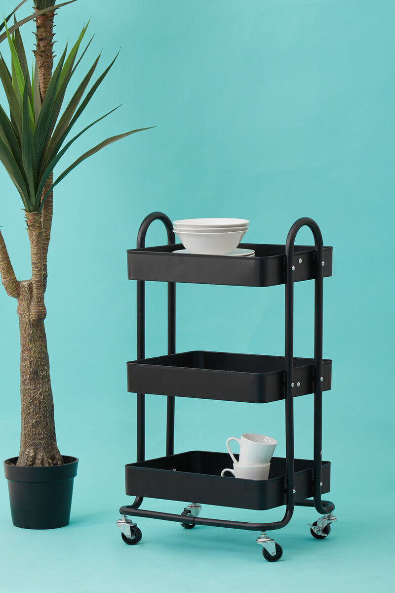 Orsina Acero Three Tier Black Metal Trolley | Industrial Rolling Cart