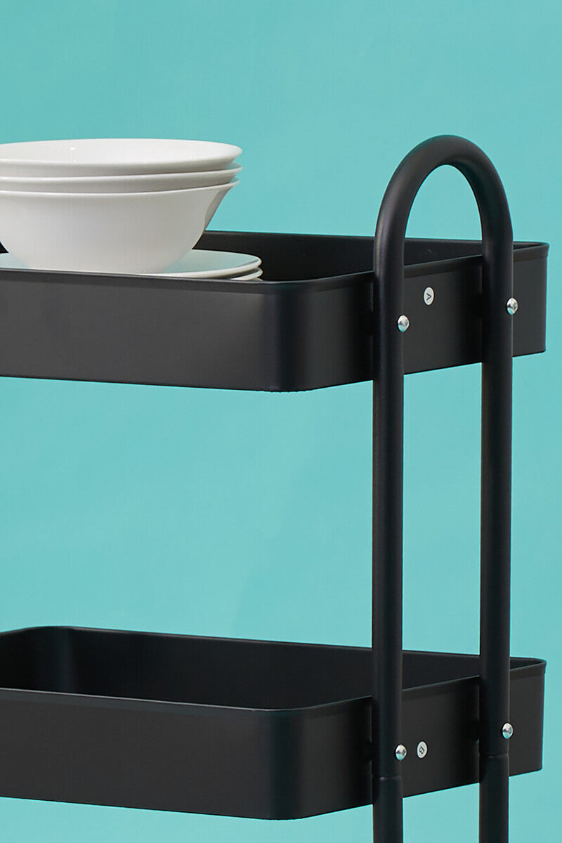 Orsina Acero Three Tier Black Metal Trolley | Industrial Rolling Cart