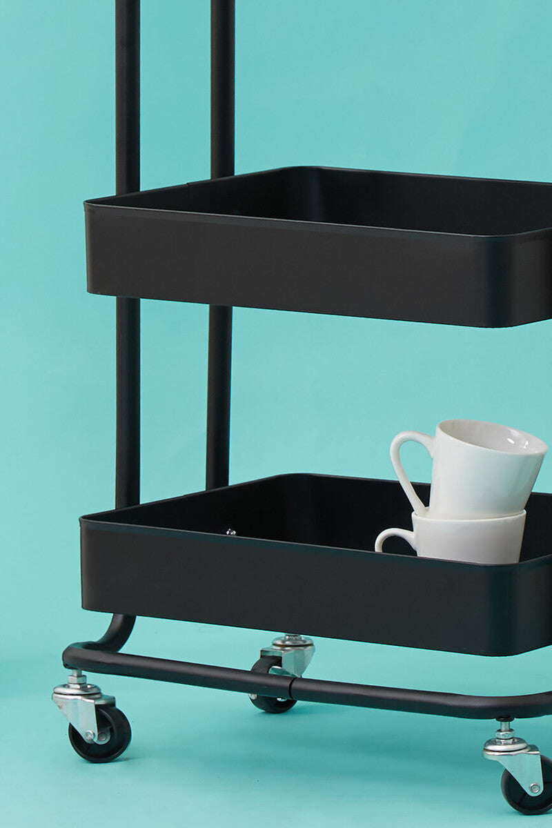 Orsina Acero Three Tier Black Metal Trolley | Industrial Rolling Cart