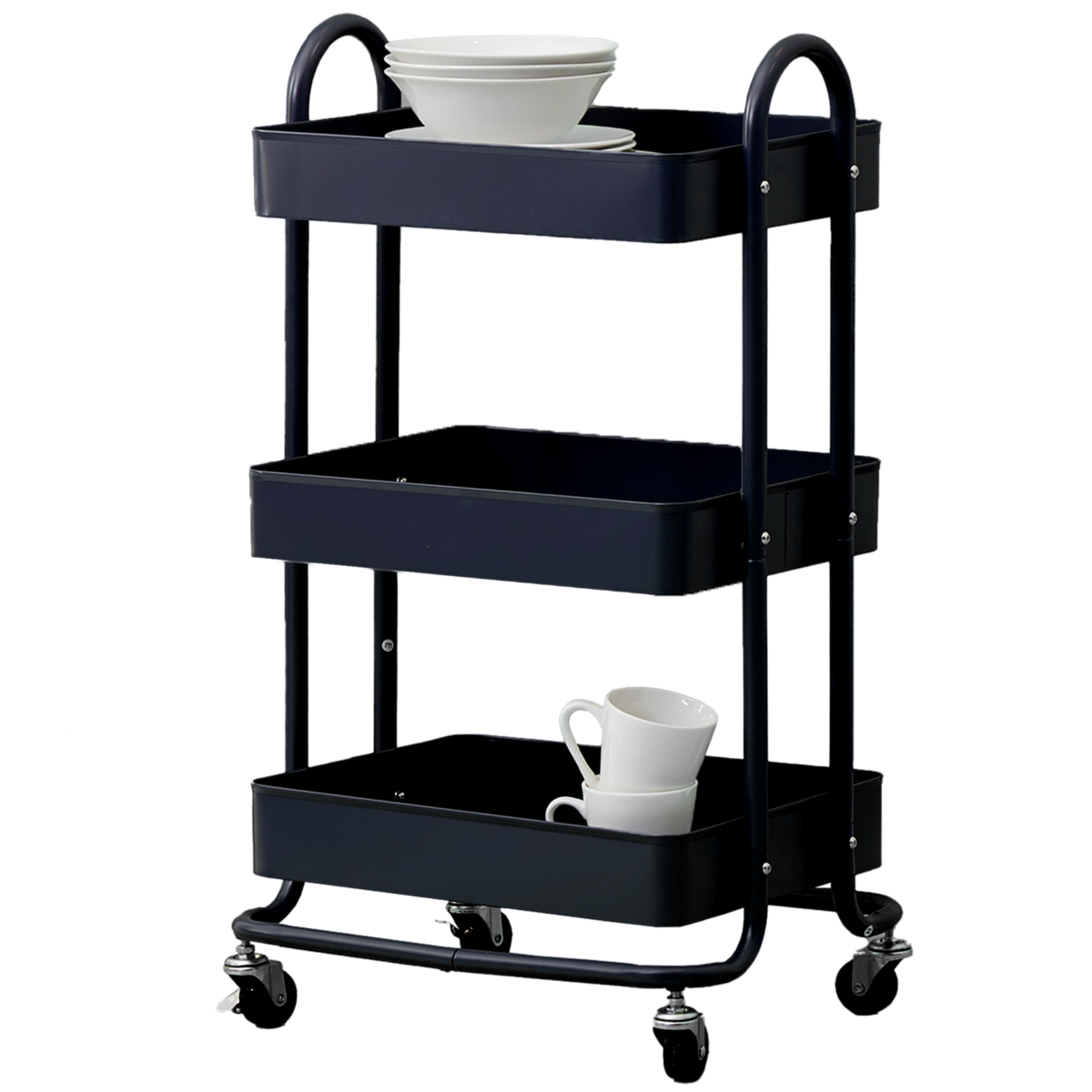 Orsina Acero Three Tier Black Metal Trolley | Industrial Rolling Cart