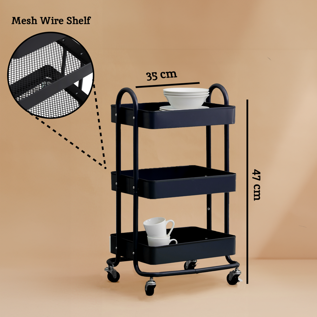 Orsina Acero Three Tier Black Metal Trolley | Industrial Rolling Cart