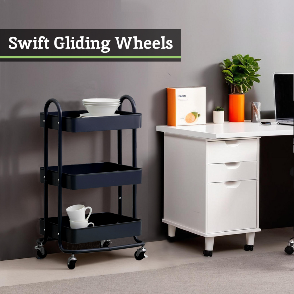 Orsina Acero Three Tier Black Metal Trolley | Industrial Rolling Cart