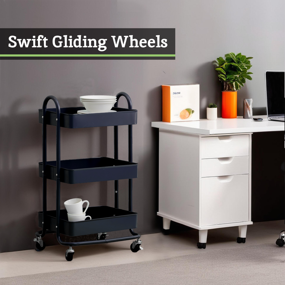 Orsina Acero Three Tier Black Metal Trolley | Industrial Rolling Cart