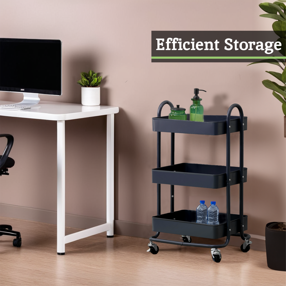 Orsina Acero Three Tier Black Metal Trolley | Industrial Rolling Cart