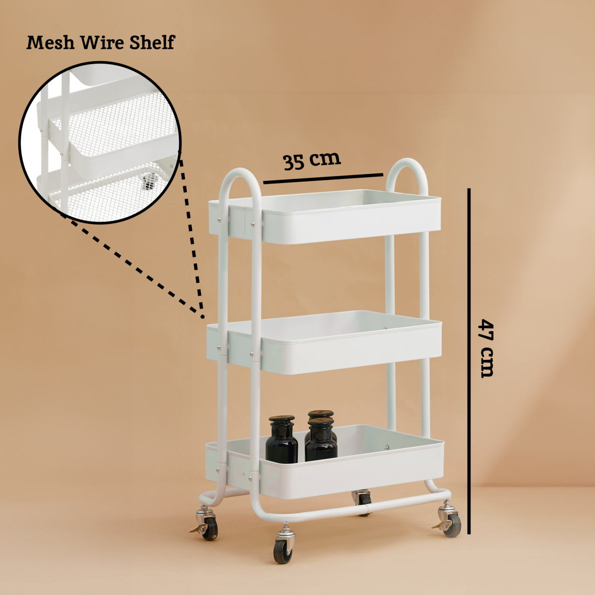 Orsina Acero 3-Tier White Metal Rolling Trolley | Mobile Storage Cart