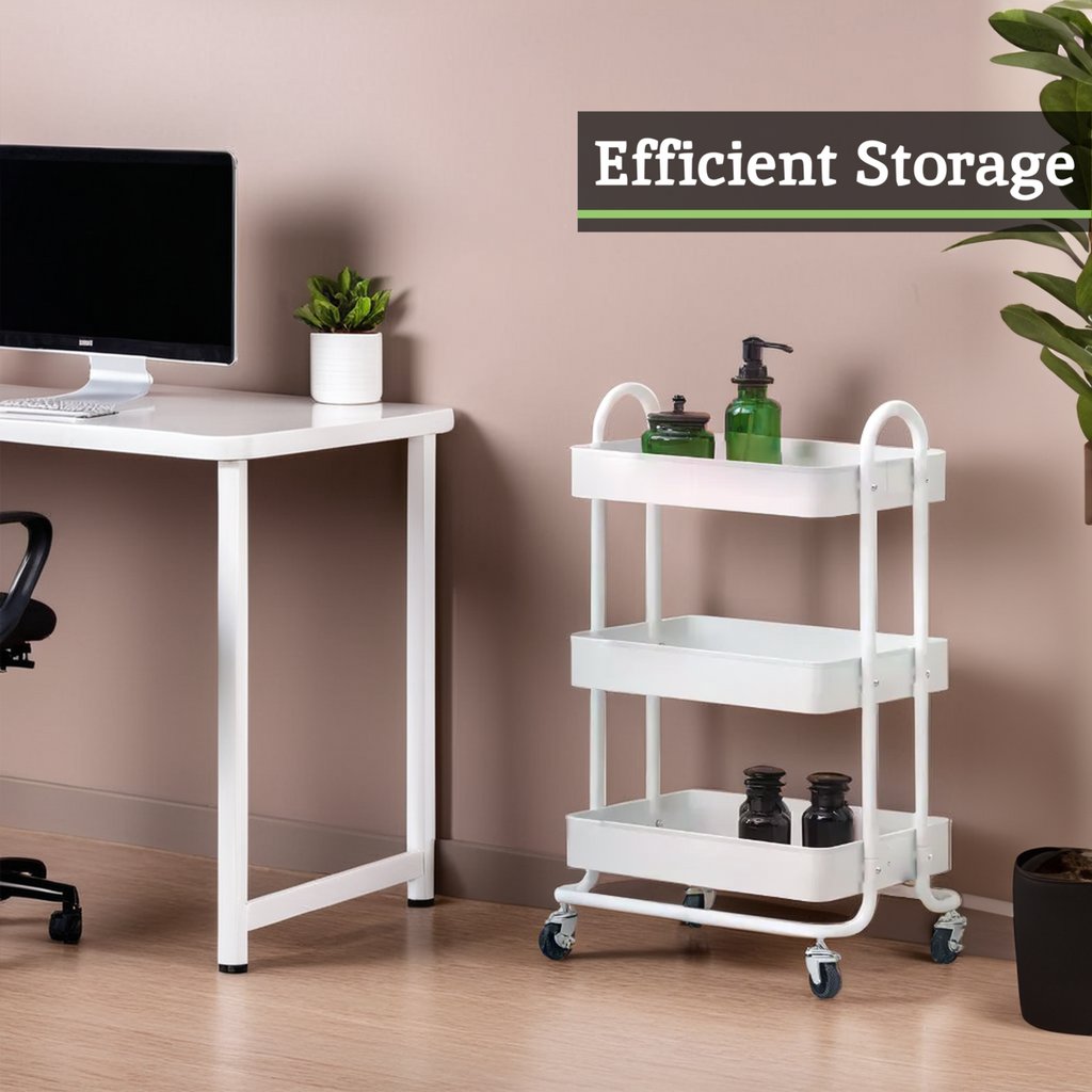 Orsina Acero 3-Tier White Metal Rolling Trolley | Mobile Storage Cart