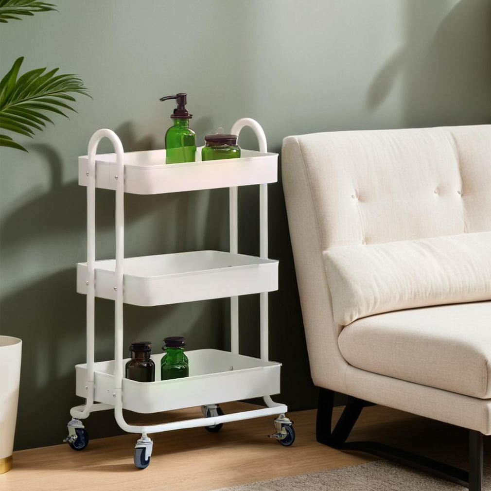 Orsina Acero 3-Tier White Metal Rolling Trolley | Mobile Storage Cart