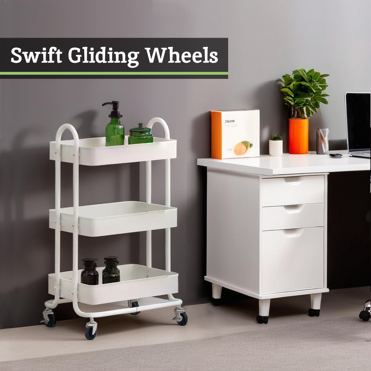Orsina Acero 3-Tier White Metal Rolling Trolley | Mobile Storage Cart